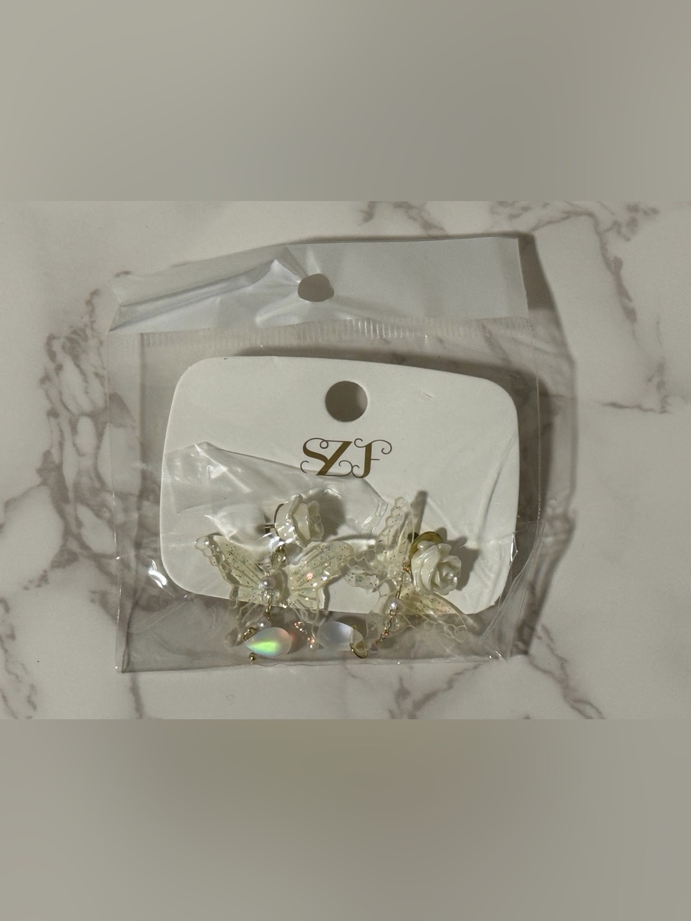 Iridescent Butterfly White Rose Drop Dangle Earrings Cottagecore Fairy Romance